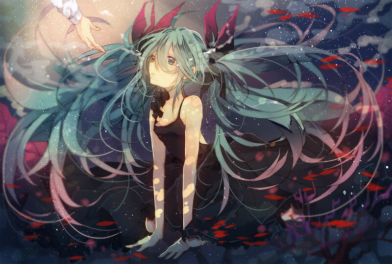 Anime Girl Underwater — Blue, Serene, Night, Digital Art, Fish