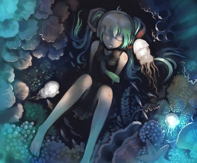 Anime Girl Underwater — Blue, Serene, Night, Digital Art, Jellyfish