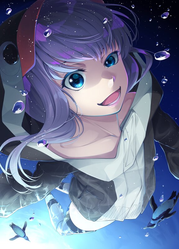Anime Girl Underwater — Blue, Serene, Night, Digital Art, Penguins