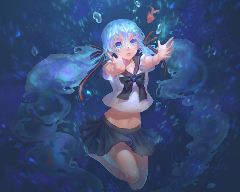 Anime Girl Underwater — Blue, Serene, Night, Digital Art, School Uniform