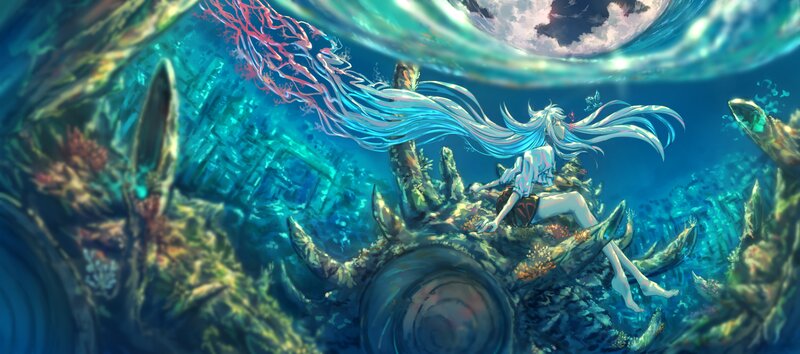 Anime Girl Underwater — Blue, Serene, Night, Digital Art, Shipwreck