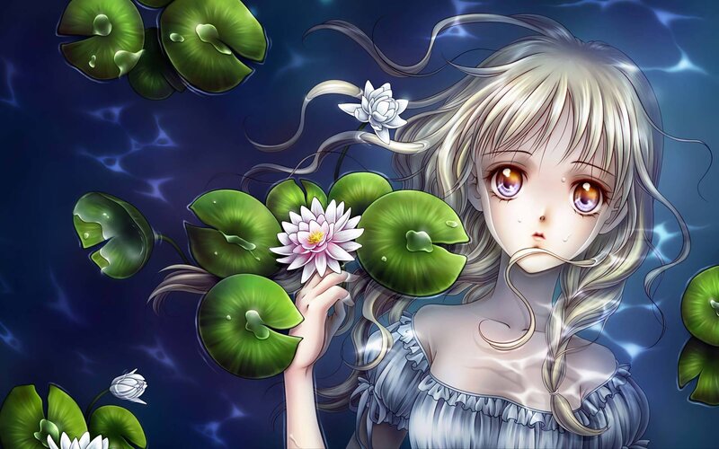 Anime Girl Underwater — Blue, Serene, Night