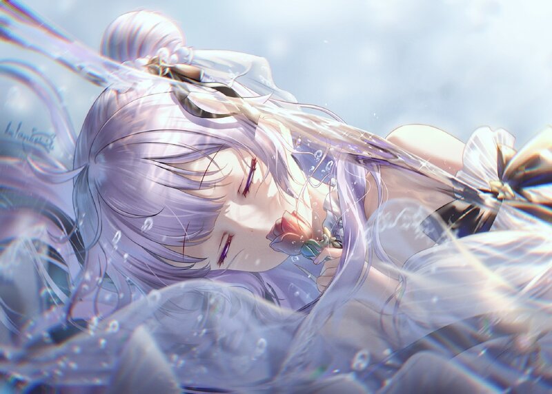 Anime Girl Underwater — Purple, Serene, Digital Art, Flower