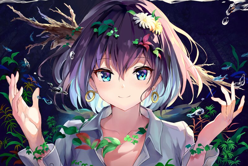 Anime Girl Underwater — Purple, Serene, Night, Digital Art