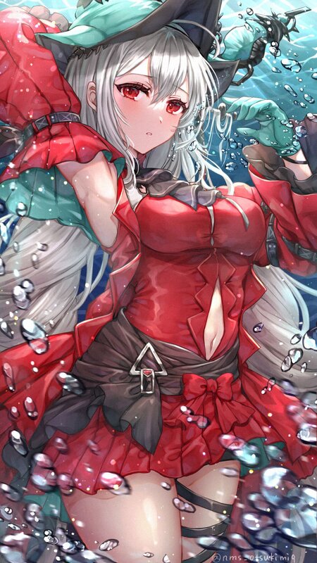 Anime Girl Underwater — Red, Dramatic, Digital Art