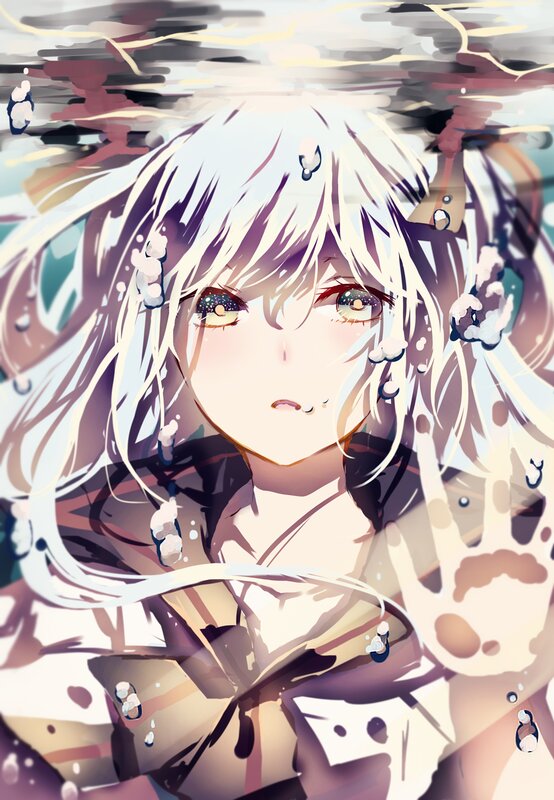 Anime Girl Underwater — White, Dramatic, Digital Art