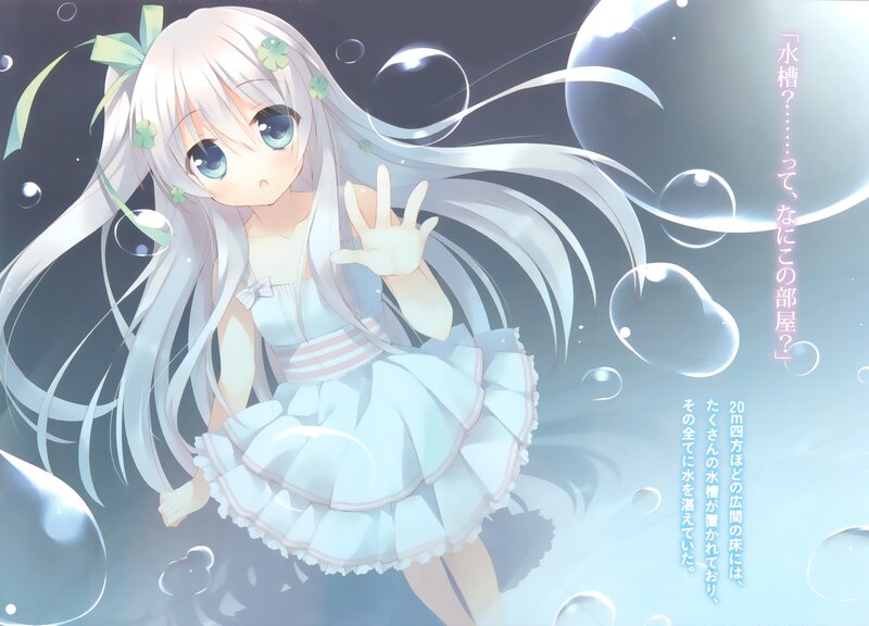 Anime Girl Underwater — White, Serene, Bubbles, Dress