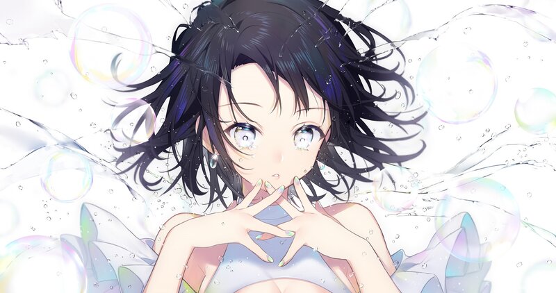 Anime Girl Underwater — White, Serene, Bubbles