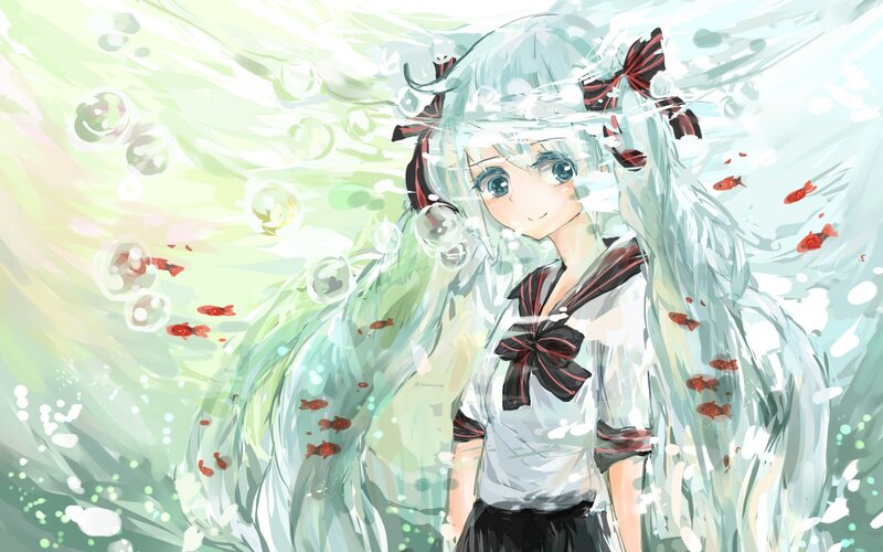Anime Girl Underwater — White, Serene, Digital Art, Bubbles, Goldfish