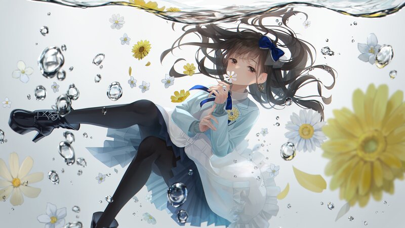 Anime Girl Underwater — White, Serene, Digital Art, Flowers, Bubbles
