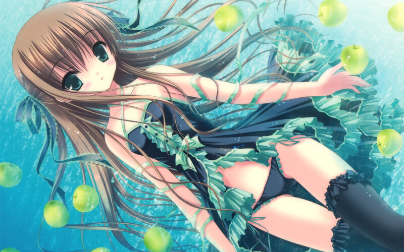 anime girl underwater with apples