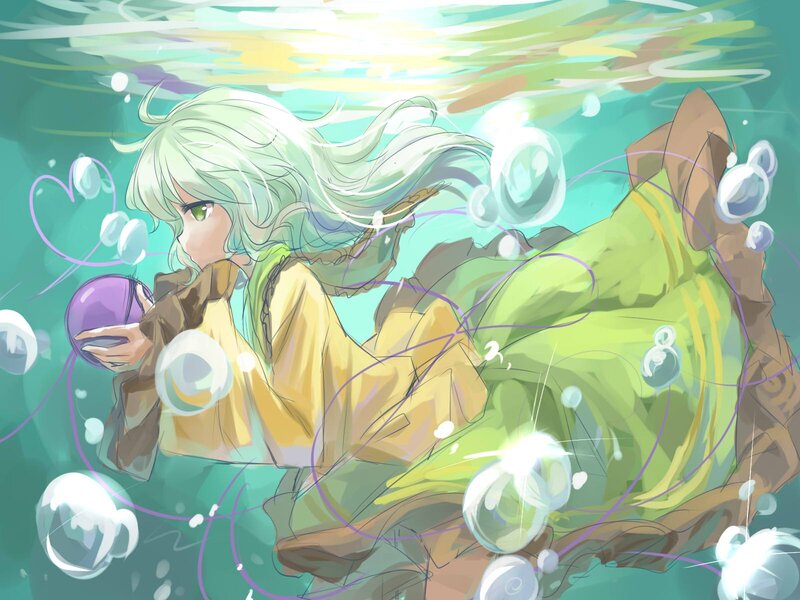 anime girl underwater with bubbles