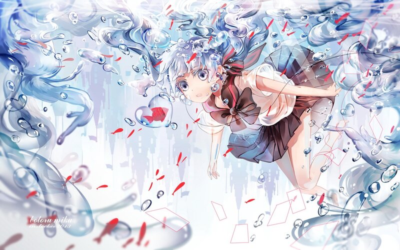 anime girl underwater with fish