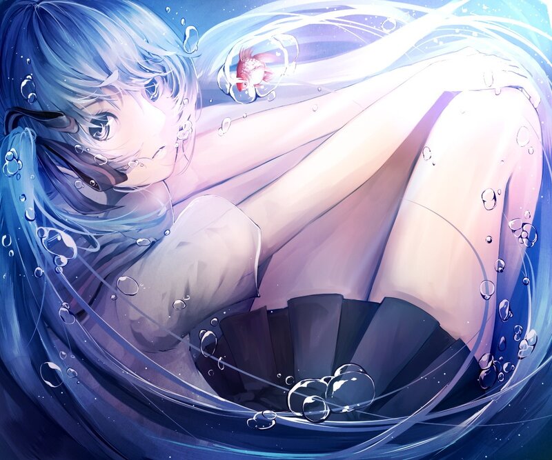anime girl underwater with fish