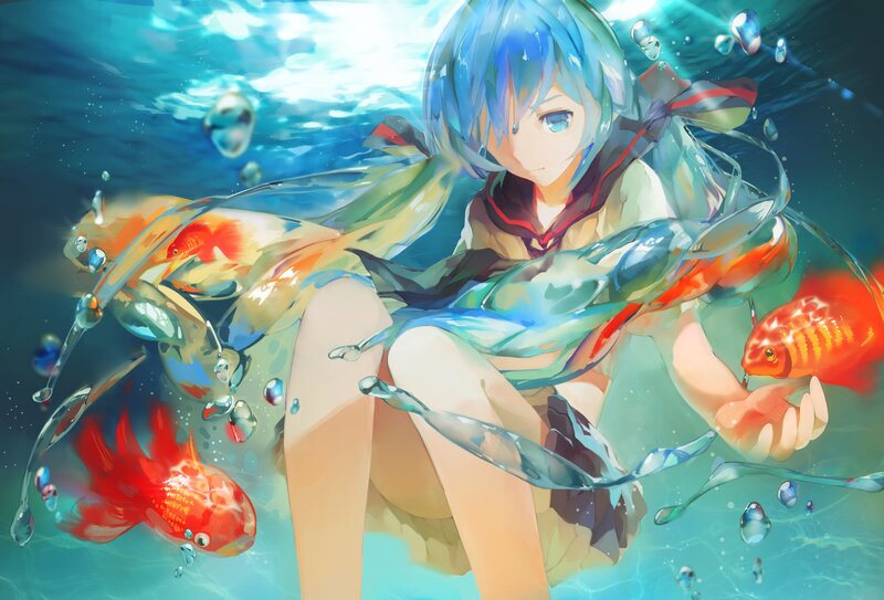 Anime girl underwater with fish