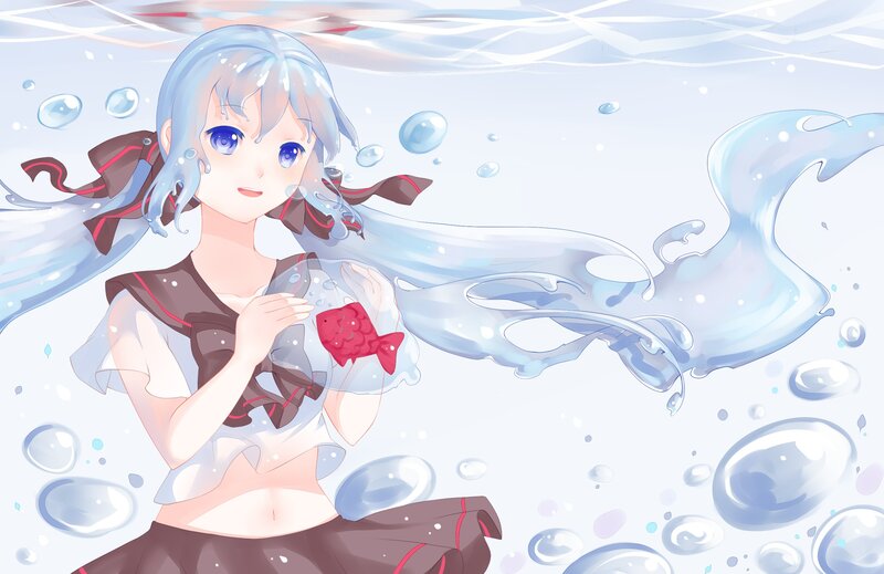 Anime girl underwater with fish