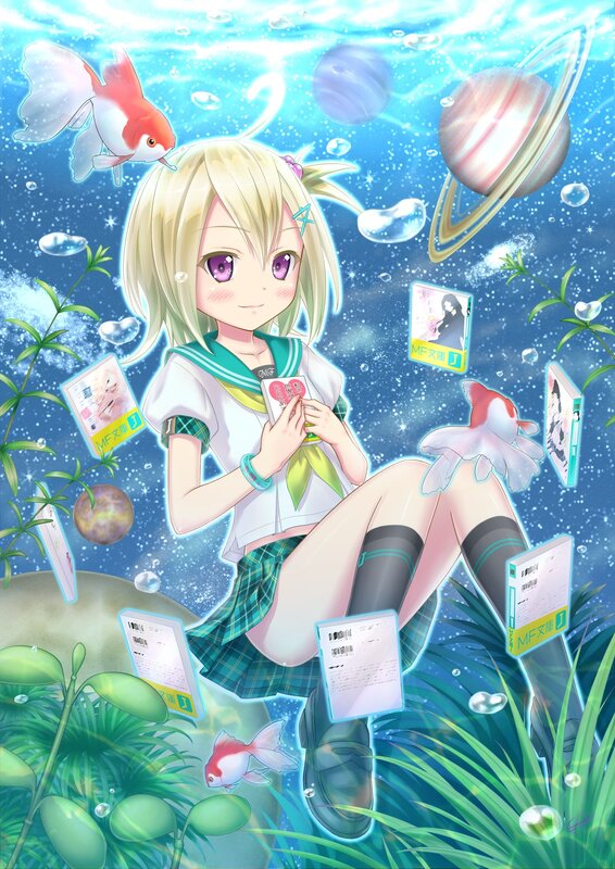 Anime girl underwater with fish