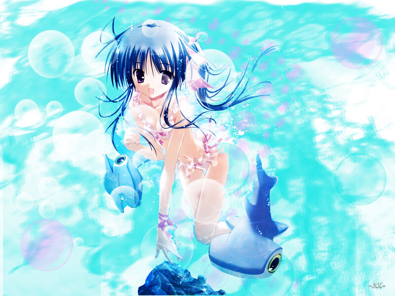 anime girl underwater with fish