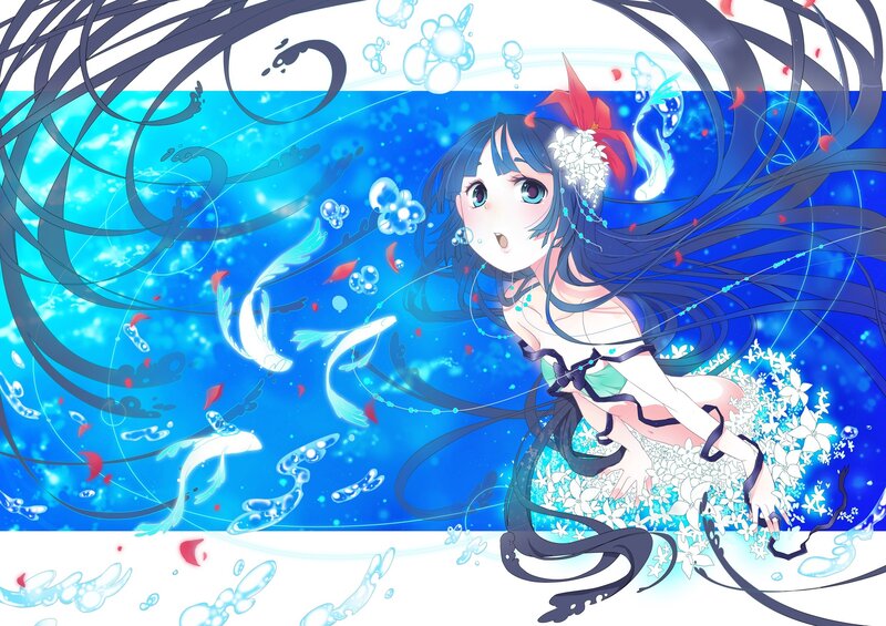 anime girl underwater with fish