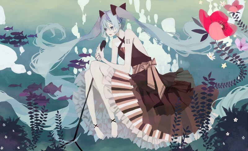 Anime girl underwater with flowers