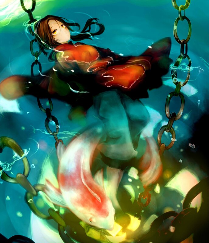 Anime girl underwater with koi fish