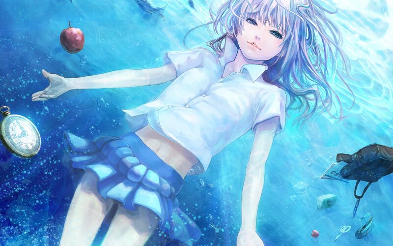 Anime girl underwater with objects