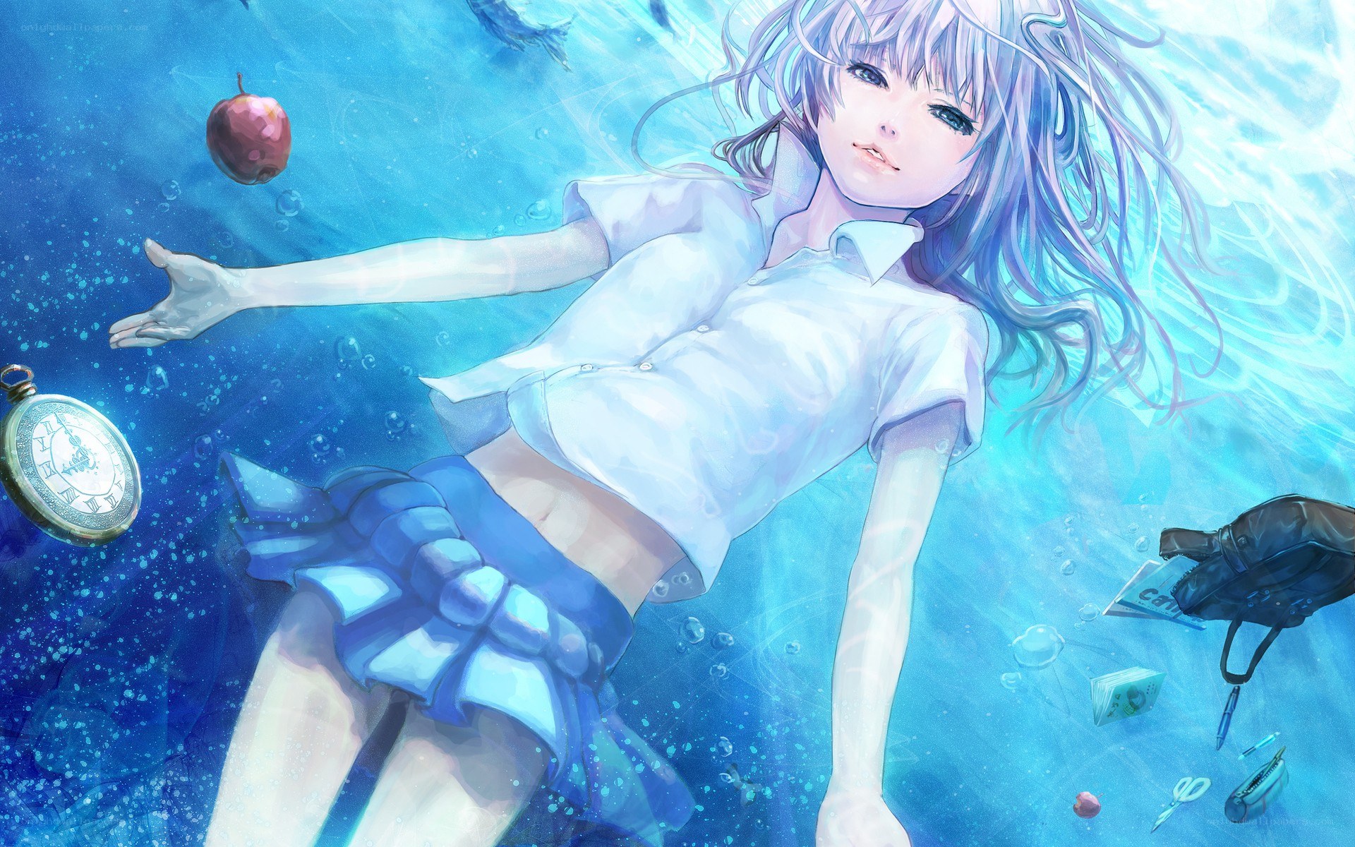Anime girl underwater with objects