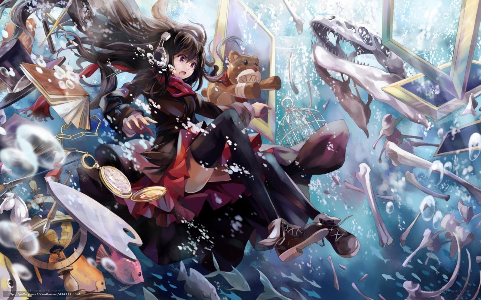 Anime girl underwater with objects