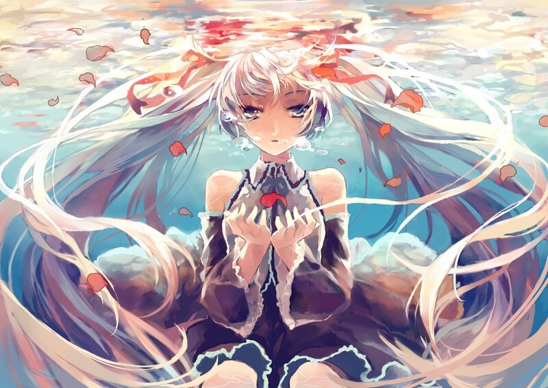 Anime girl underwater with petals