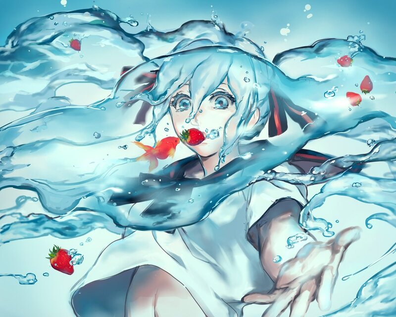 anime girl underwater with strawberries