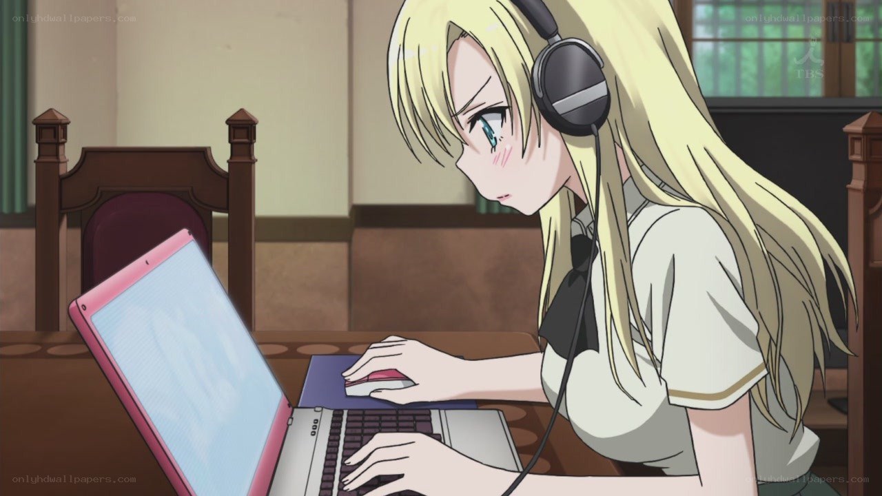 anime girl using laptop