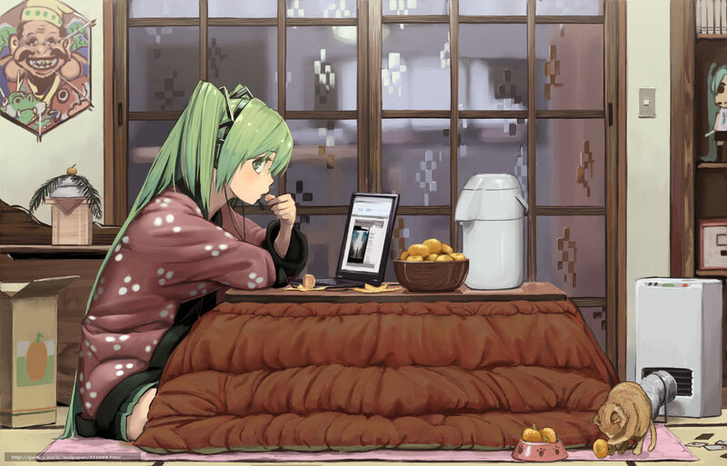 Anime girl using laptop at kotatsu