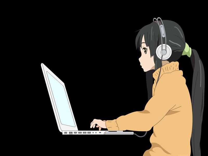Anime Girl Using Laptop — Black, Focused
