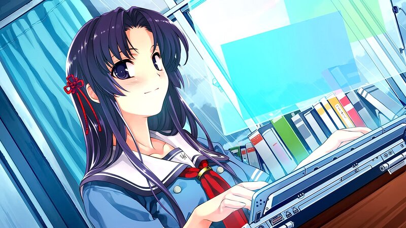 Anime Girl Using Laptop — Blue, Calm, Afternoon
