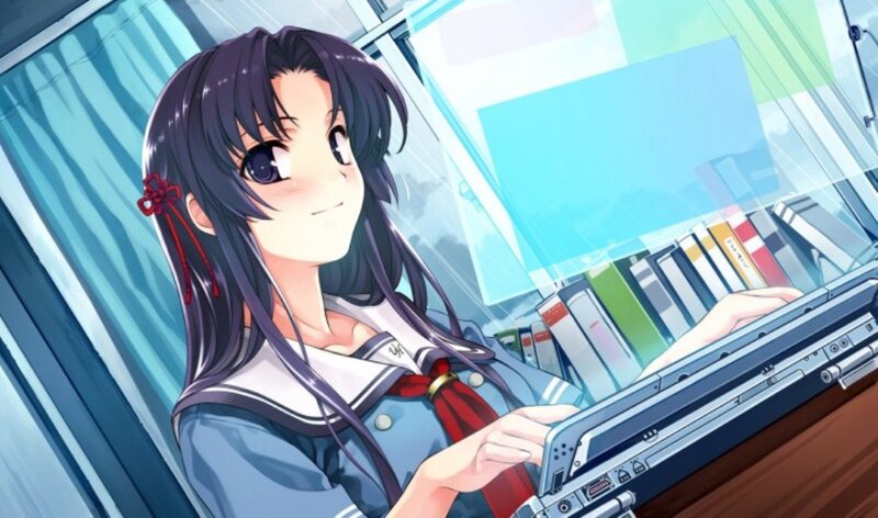 Anime Girl Using Laptop — Blue, Calm