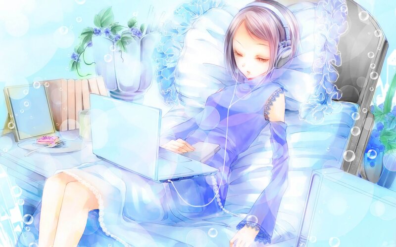 Anime Girl Using Laptop — Blue, Serene, Digital Art, Headphones