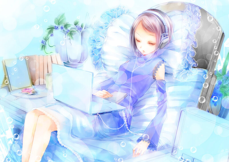 Anime Girl Using Laptop — Blue, Serene, Digital Art