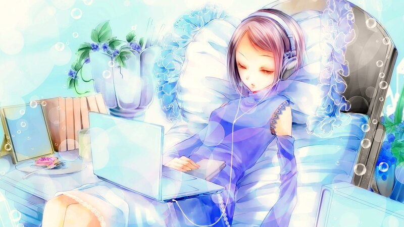 Anime Girl Using Laptop — Blue, Serene