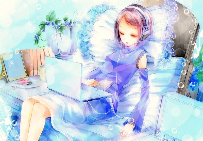 Anime Girl Using Laptop — Blue