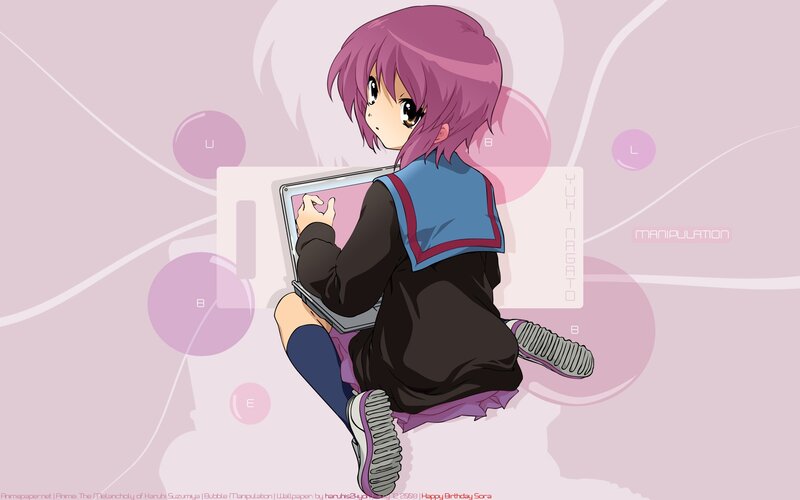 Anime Girl Using Laptop — Pink, Calm, School Uniform, Text