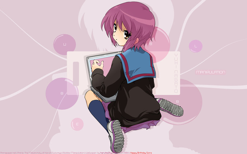 Anime Girl Using Laptop — Pink, Calm, School Uniform