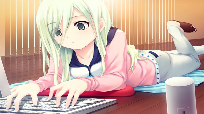 Anime Girl Using Laptop — Pink, Calm
