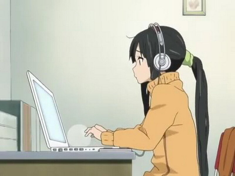 Anime Girl Using Laptop — Yellow, Calm