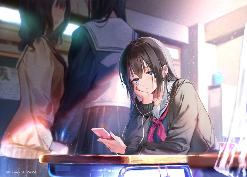 Anime Girl Using Phone — Gray