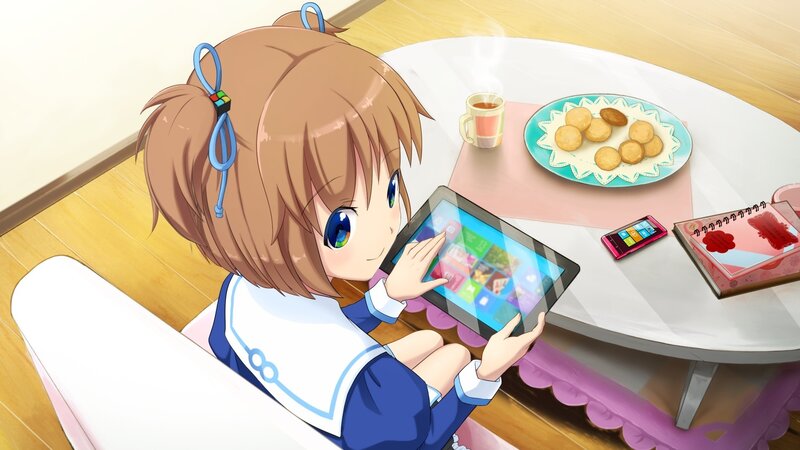 Anime Girl Using Tablet — Blue, Calm, Morning