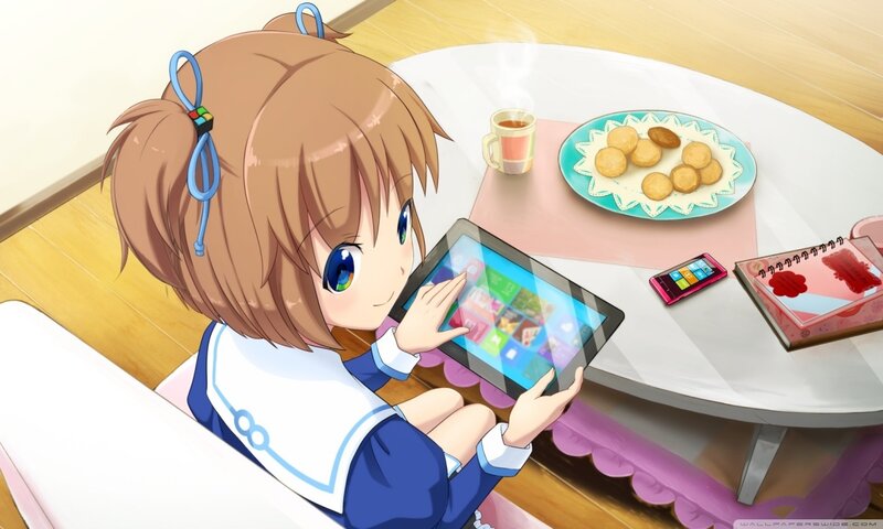 Anime Girl Using Tablet — Blue