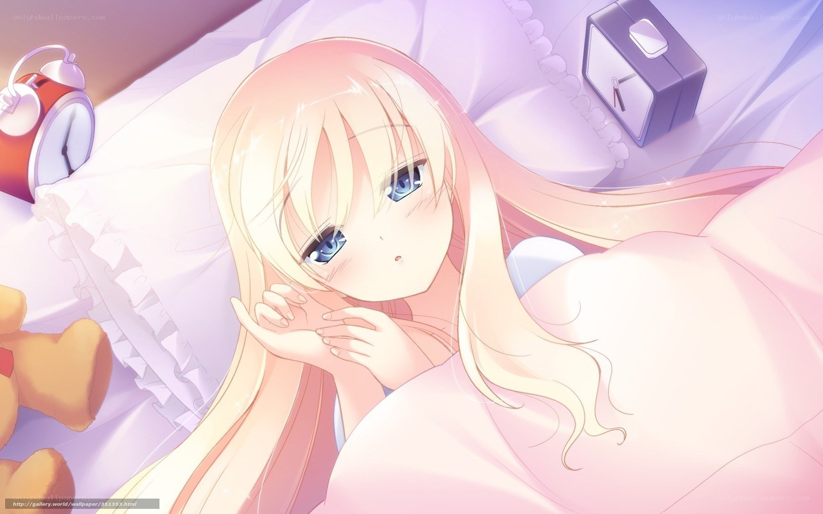 Anime girl waking up in bed