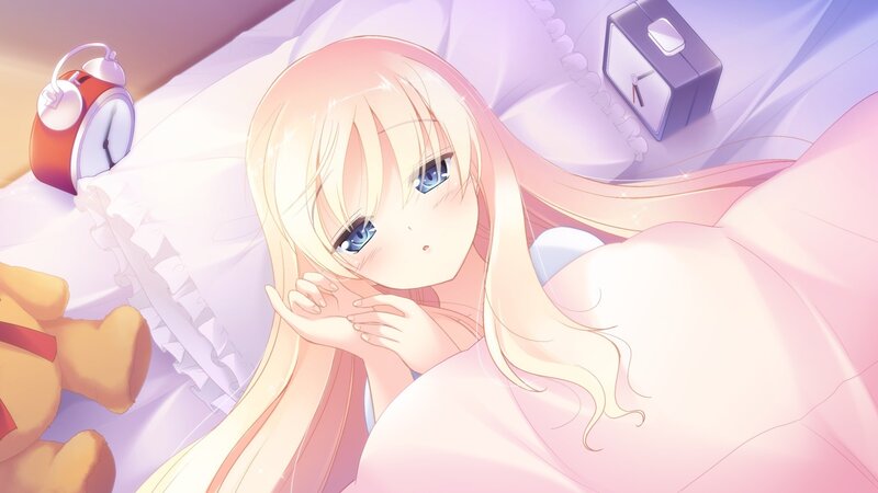 Anime girl waking up in bed