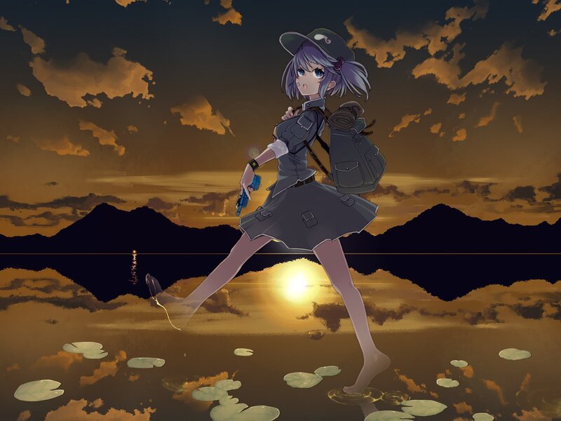 anime girl walking at sunset