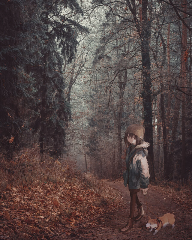 Anime Girl Walking Dog